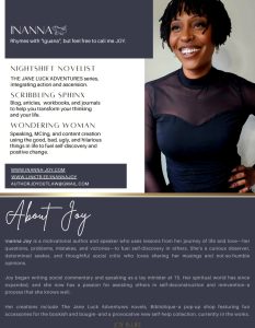 Inanna Joy smiling in a black dress, featured on the cover of her downloadable Electronic Press Kit (EPK) with biography and career highlights.