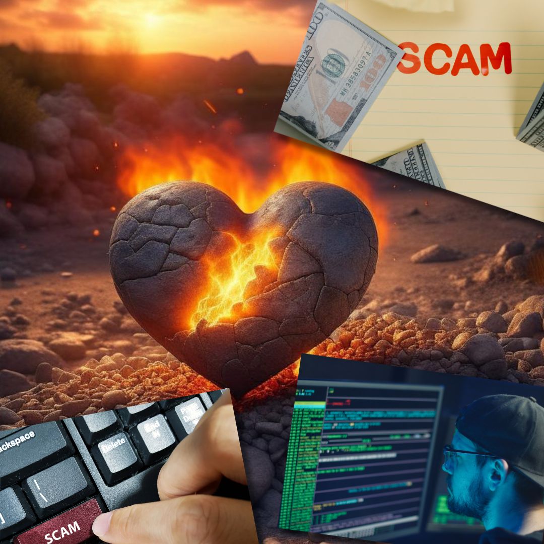 a firey broken heart with a keyboard, money, the word "scam", and a nefarious figure sitting in front of a keyboard